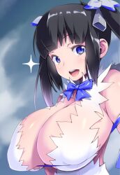 black_hair blue_eyes blue_ribbon breasts chirumakuro cleavage commentary_request covered_nipples dungeon_ni_deai_wo_motomeru_no_wa_machigatteiru_darou_ka female hestia_(danmachi) huge_breasts open_mouth rei_no_himo ribbon solo twintails upper_body