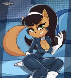 1girls cat_tail catgirl cellphone feline green_eyes kitty_katswell latex_suit looking_at_viewer magaska19 nickelodeon seductive_smile sitting t.u.f.f._puppy tagme thick_thighs white_gloves