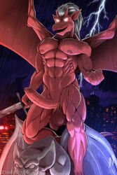 1boy abs anthro balls brooklyn_(gargoyles) city disney erect_penis erection fist foreskin fur furry furry_only gargoyle gargoyles gay genitals hi_res iudicium86 lightning male male_only melee_weapon muscular muscular_male night nipples pecs penis raining sculpture solo statue sword thunder weapon wings