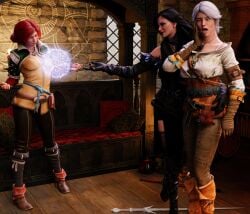 3d 3girls ciri female female_only hoebo24 the_witcher_3:_wild_hunt triss_merigold yennefer yuri