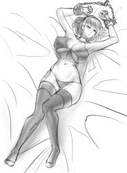 1girls annoyed bikini bondage bretonnia ellithid female female_only greyscale laying_down monochrome repanse_de_lyonesse restrained revealing_clothes shackles sketch skimpy solo solo_female thighhighs warhammer_(franchise) warhammer_fantasy