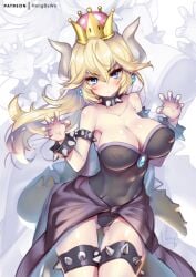 archway_of_venus bangs bare_shoulders black_leotard blonde_hair blue_eyes blush borrowed_design bowsette bracelet breasts claw_pose cleavage closed_mouth clothing collar crown curled_horns earrings erect_nipples erect_nipples_under_clothes eyebrows_visible_through_hair female female_only female_solo fingernails genderswap_(mtf) gluteal_fold hair_between_eyes hands_up head_tilt headwear hong_(white_spider) horns jewelry large_breasts leotard long_hair looking_at_viewer mario_(series) mini_crown nail_polish new_super_mario_bros._u_deluxe nipples purple_nails rule_63 solo spiked_bracelet spiked_collar spiked_tail spikes strapless strapless_leotard super_crown tail v-shaped_eyebrows very_long_hair