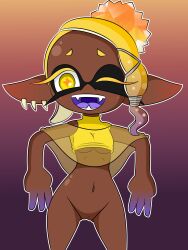 big_forehead bottomless bottomless_female breasts deep_cut_(splatoon) dreameclipsewolf female female_focus female_only forehead frye_(splatoon) gradient_background inkling inkling_girl navel nintendo one_eye_closed open_mouth pseudo_hair pussy see-through see-through_clothing see_through splatoon splatoon_(series) splatoon_3 uncensored underboob yellow_eyes