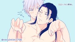 2boys anal anal_sex black_hair breasts jujutsu_kaisen masturbation nikku94947798 nipples penetration satoru_gojo sucking_nipples suguru_geto white_eyelashes white_hair yaoi