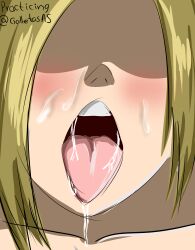 1girls after_oral ahe_gao annie_leonhardt attack_on_titan blonde_hair comission cum cum_on_face galletoso open_mouth petite presenting_mouth saliva saliva_drip seductive_mouth shingeki_no_kyojin throat tongue_out