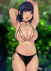 alternate_hairstyle armpits arms_behind_head bikini black_bikini blue_eyes blue_hair blurry blurry_background breasts cleavage cowboy_shot cupless_bikini dark_blue_hair female hair_ornament hairclip highres inverted_nipples kantai_collection large_breasts looking_at_viewer medium_hair navel nipples open_mouth outdoors side-tie_bikini_bottom solo souryuu_(kantai_collection) swimsuit teeth upper_teeth wa_(genryusui)