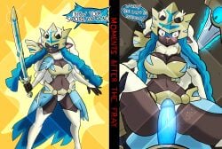 anthro armor armor_damage blue_hair blush breastplate breasts brown_body clothed clothing crown crowned_sword_zacian dialogue diamond_grenadier duo female forced generation_6_pokemon generation_8_pokemon genitals ghost glowing glowing_genitalia glowing_penis hair hand_under_leg hi_res honedge humanoid hybrid hybrid_pokemon instant_loss_2koma legendary_pokemon lying male male/female melee_weapon midriff nintendo penis pink_nose pokemon pokemon_(species) pokemorph raised_leg scratch solo_focus speech_bubble spirit sword twintails video_games weapon white_hair wooloo zacian