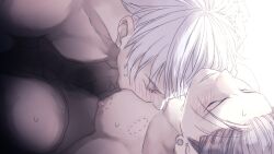 2boys anal anal_sex bite black_hair breasts jujutsu_kaisen masturbation nikku94947798 nipples penetration satoru_gojo sucking_nipples suguru_geto white_hair yaoi