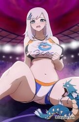1girl 1girls blue-eyed_female blue_eyes cosplay dayyo_(daydarion/day-chan) dynamax giantess hair_ornament hololive hololive_indonesia hololive_indonesia_holoro inguinal_crease inguinal_ligament legs_apart legs_spread nessa_(pokemon)_(cosplay) open_mouth parted_lips pavolia_reine ripped_clothes spread_legs spreading_legs spreading_thighs tongue virtual_youtuber vtuber vtuberfanart wardrobe_malfunction white-haired_female white_hair white_pupils