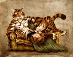 1boy anthro balls big_balls black_penis bracelet claws feline fur furry green_eyes half-erect jewelry looking_at_viewer male male_only muscles necklace nipples nude on_back open_mouth partran partran_(character) partran_(tiger) paws penis presenting resting ring sheath sofa solo tail teeth tiger tongue werepuppy