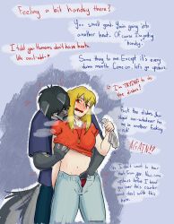 2d absurd_res anthro anthro_dominating_human arachnne_roots black_hair blonde_hair bottomwear breast_grab breasts canid canid_on_humanoid canine canine_on_human canis clothed clothing denim denim_bottomwear denim_clothing dirty_talk duo english_text female femsub fingering fur furry furry_male furry_on_human grey_body grey_fur hair hand_in_pants hand_on_breast hi_res human human_female imminent_sex interspecies interspecies_romance ironmeatus jeans male male/female male_anthro/female_human mammal pale-skinned_female pale_skin pants partially_clothed profanity shirt submissive_human t-shirt text topwear wolf zack_canis