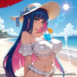 1girl 2026 ai_generated anime bangs bare_shoulders beach bikini blue_bow blue_eyes blue_hair blue_sky blunt_bangs boobs bow breasts cleavage cloud colored_inner_hair covered_nipples crossover cup day drinking_straw drinking_straw_in_mouth eye_contact female female_focus food frilled_bikini frills fruit hat highres huge_breasts large_breasts lens_flare long_hair looking_at_viewer midriff multicolored_hair navel nsfw object_on_breast ocean outdoors panty_&_stocking_with_garterbelt patreon patreon_username pink_hair rognezart sky solo stocking_(psg) stocking_anarchy sun sun_hat swimsuit tree two-tone_hair very_long_hair white_bikini