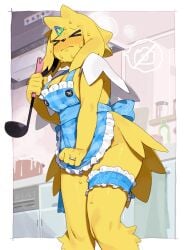 1girls female female_only solo closed_eyes blush embarrassed apron apron_only kame_3 nintendo pokemon eeveelution generation_1_pokemon jolteon pokemon_(species) 2026 digital_drawing_(artwork) digital_media_(artwork) hi_res anthro biped bodily_fluids breasts claws clothed clothed_anthro clothed_female clothing fingers front_view fur hair holding_object inside standing sweat
