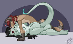 amber_williams anthro breasts canine closed_eyes dark_hair female fox fur furry heart hybrid kissing lizard nude raccoon raccoon-fox red_hair scalie skink yuri