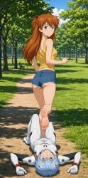 2girls ai_generated asuka_langley_sohryu barefoot beaten blue_eyes blue_hair bullying clothed crying denim_shorts feet femdom grass happy happy_dom happy_girl humiliated humiliating humiliation long_hair loser medium_breasts neon_genesis_evangelion orange_hair outside park red_eyes rei_ayanami short_hair short_shorts smile smiling soles soles_fetish tears teenage_girl toes tsundere winner writing yellow_tank_top looking_at_viewer looking_back as ass_focus stepped_on stepping_on_female stepping lezdom