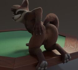 3d_(artwork) all_fours anthro anus backsack balls brown_body brown_fur butt digital_media_(artwork) feet fingers fur furniture genitals guardians_of_the_galaxy hand_on_butt hi_res looking_at_viewer looking_back male mammal marvel nipples no-name-no-problem nude on_table presenting presenting_anus procyonid raccoon realistic_fur rocket_raccoon seductive simple_background smile solo spread_butt spreading table tail teeth toes