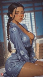 kimono single_braid avatar_the_last_airbender female katara wide_hips dark_skin big_butt medium_breasts ass ai_generated thighs smile 1girl butt thick_thighs aisinful sitting long_hair cleavage floral_print big_ass dark-skinned_female big_boobs japanese_clothes breasts hi_res braid solo large_breasts nickelodeon brown_hair blush