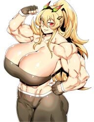 1girls abs barghest_(gawain)_(fate) big_breasts black_gloves black_pants blonde_hair bottomwear breasts cleavage fate_(series) female female_only flexing gloves green_eyes hand_on_hip handwear heterochromia huge_breasts large_breasts minew muscles muscular muscular_female pants ponytail red_eyes smile solo solo_female sports_bra sports_uniform sportswear thighs tied_hair topwear