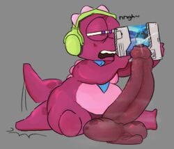2026 accessory anthro awakecore balls belly big_balls big_penis dihcore dinosaur electronics gameoverse genitals glitch_productions gobbles_(gameoverse) headphones male male_only moobs musk necktie penis prehistoric_species recoverycore2 reptile scalie sitting slightly_chubby solo solo_male tablet_computer tail tail_motion tailwag