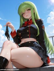ai_generated arlequin097 c.c. code_geass 1girl solo long_hair breasts looking_at_viewer blush smile large_breasts skirt long_sleeves holding bow navel closed_mouth sitting underwear jacket school_uniform panties yellow_eyes ahoge thighs outdoors pleated_skirt boots sky green_hair day midriff cloud bowtie black_skirt miniskirt stomach black_footwear red_bow blue_sky uniform crop_top covered_nipples lips feet_out_of_frame black_panties thick_thighs from_below sunlight crossed_legs red_bowtie lens_flare holding_clothes sun unworn_panties holding_underwear holding_panties
