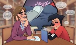 2025 absurd_res anthro black_eyebrows black_hair black_nose blue_eyes blush bottomwear bradley_uppercrust_iii brown_hair bulge canid canine canis chair clothing dialogue digital_drawing_(artwork) digital_media_(artwork) disney domestic_dog duo english_description english_text eyebrows feet foot_fetish foot_play footjob footjob_through_clothing footwear furniture gloves goof_troop hair handwear heart_symbol hi_res library male male/male mammal max_goof on_chair open_mouth pants purple_clothing purple_sweater purple_topwear question_mark red_clothing red_shirt red_topwear sex shirt shoes side_view sitting sitting_on_chair speech_bubble stealth studying sweater text thick_eyebrows topwear under_table_footjob wet_wasabi white_clothing white_gloves white_handwear