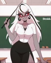 1girls big_ass breasts carmilla_carmine chained chains curvy curvy_body curvy_female curvy_figure dark_skin demon demon_girl demon_humanoid ear_piercing ear_ring earrings eyebrows eyelashes hazbin_hotel long_hair looking_at_viewer milf red_sclera solo solo_female solo_focus toned_body toned_female vivienne_medrano white_eyes white_hair deskk ai_generated artist_name detailed_background smile black_nails white_shirt school_uniform teacher school lace bra board black_skirt teacher_outfit teacher_and_student