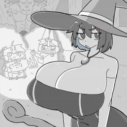 animated animated_gif cleavage dress fat_tits female hairclip hat hingnu_chan huge_breasts imminent_rape looking_at_viewer massive_breasts monster necklace orc original original_character pout short_hair sketch staff sweat tight_dress witch_hat