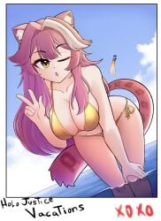 1girls animal_ears beach big_breasts bikini card_(medium) cat_ears chattino_(raora_panthera) english_text fan_mascot_(vtuber) female female_only gold_bikini golden_bikini golden_week hololive hololive_english hololive_justice jetpack konanexe large_breasts long_hair mascot one_eye_closed open_mouth pink_hair pose raora_panthera solo tail text thick_thighs virtual_youtuber vtuber yellow_eyes