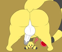2025 ampharos anthro balls big_balls big_butt butt digital_drawing_(artwork) digital_media_(artwork) erection generation_2_pokemon genitals hi_res looking_at_viewer looking_back looking_back_at_viewer male markings moztove nintendo penis pokemon pokemon_(species) question_mark raised_tail simple_background solo spread_legs spreading striped_markings striped_tail stripes tail tail_markings thick_tail thick_thighs white_balls white_penis yellow_body yellow_ears
