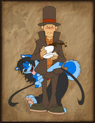 anthro blue blush canine female fur furry grope hand_in_pants human jen_seng looking_at_viewer male open_mouth professor_layton smile spill spunky surprised tea what wolf