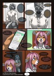 2025 5_fingers anthro big_breasts biped blue_eyes blue_hair bodily_fluids bottomless bottomwear breasts butt canid canine cellphone clothed clothed_gynomorph clothed_intersex clothing collared_shirt comic darkness_(iginger) deer digital_media_(artwork) duo electronics english_text equid equine eyes_closed fauxhawk female female_only fingers front_view full-length_portrait genitals grey_body gynomorph gynomorph_anthro hair happy hi_res holding_cellphone holding_object holding_phone holding_smartphone horse iginger inner_ear_fluff inside intersex intersex_anthro jenny_(iginger) jewelry looking_at_another looking_at_viewer looking_away looking_back looking_back_at_viewer mammal mirror necklace nipples_visible_through_clothing open_mouth pants partially_clothed phone pink_hair portrait rear_view red_eyes shaded shirt shocked short_hair smartphone smile solo standing tail text tongue tongue_out topwear tuft white_clothing white_hair white_shirt white_topwear