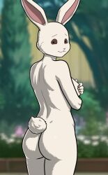 1girl anthro ass ass_focus back back_view beastars breasts bunny_ears bunny_girl bunny_tail cream_fur dark_eyes fur_reaper furry furry_female garden hands_on_breasts haru_(beastars) looking_at_viewer looking_back morning naked nude outdoors rabbit rabbit_ears rabbit_girl rabbit_tail smile solo standing white_fur