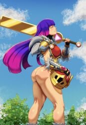 1girls leestatsekai glitch_techs miko_kubota purple_hair hair long_hair closed_eyes smile holding_object holding_weapon weapon sword shoulder_pads shoulder_armor breastplate armwear detached_sleeves revealing_clothes skimpy skimpy_armor armor helmet helmet_removed big_ass ass thighs legs bare_legs sideboob side_view solo solo_female female female_only