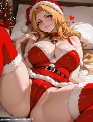 ai_generated matsumoto_rangiku rangiku_matsumoto bleach bleach:_the_thousand-year_blood_war arlequin097 1girl solo long_hair breasts looking_at_viewer blush smile large_breasts blonde_hair dress thighhighs hat cleavage jewelry bare_shoulders underwear panties heart thighs parted_lips lying teeth choker belt spread_legs on_back nail_polish mole grin grey_eyes symbol-shaped_pupils fur_trim pillow bell cameltoe heart-shaped_pupils red_dress ring black_nails red_headwear mole_under_mouth christmas neck_bell patreon_username black_belt santa_hat santa_costume partially_visible_vulva red_thighhighs red_panties patreon_logo christmas_tree fur-trimmed_dress fur-trimmed_headwear crotch christmas_ornaments santa_dress fur-trimmed_legwear fur-trimmed_thighhighs