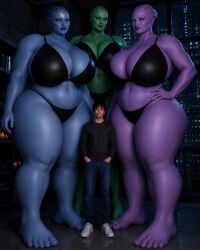 1boy 3women ai_generated aria_t'loak bedroom blue_skinned_female green_skinned_female mass_effect purple_skinned_female samara shiala size_difference
