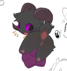 2026 2_horns absurd_res aellaellae anthro anus bar_emanata biped black_body black_fur bovid bovid_horn caprine caprine_horn chibi cropped digital_drawing_(artwork) digital_media_(artwork) emanata female female_anthro flat_colors fur genitals hi_res horn innie_vulva looking_back_at_self mammal monotone_body monotone_fur plantigrade pupils purple_eyes ram_horn rear_view scut_tail sheep short_tail simple_background solo square_pupils tail vulva white_background