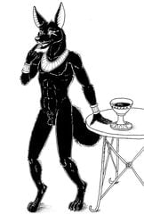 1boy anthro anubian_jackal anubis black black_and_white body_ornaments canine deity egyptian fur furry jackal male male_only monochrome nude opal_weasel sheath solo