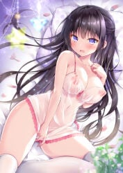 1girl babydoll bed black_hair blush breasts clothed dress large_breasts laying laying_down laying_on_back laying_on_bed long_hair murasaki_(murasakiiro_no_yoru) nipples nipples_visible_through_clothing on_bed original see-through see-through_clothing see-through_dress straight_hair