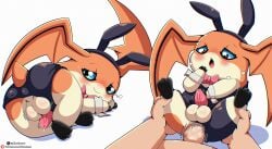 anal balls bandai_namco bedroom_eyes blue_eyes blush bodily_fluids bow_tie butt cloudeon digimon digimon_(species) duo erection feral fur genital_fluids genitals head_wings hi_res human male male/male male_penetrated male_penetrating male_penetrating_male mammal narrowed_eyes orange_body orange_fur patamon penetration penis perineum playboy_bunny playboy_outfit precum seductive sex tapering_penis unusual_wing_placement wings