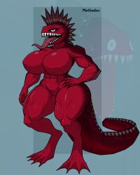 unagi_(mario) eel anthro red_skin sharp_teeth large_breasts large_ass wide_hips thick_thighs hand_on_hip standing large_tail webbed_hands webbed_feet fish tongue_out
