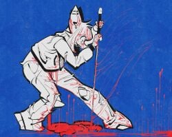 2026 anthro barbell_piercing bat blood blood_on_clothing blue_background bodily_fluids bottomwear clothed clothing compression_artifacts disembowelment ear_barbell ear_piercing gore guts gutspill holding_melee_weapon holding_object holding_sword holding_weapon hoodie longsword male mammal melee_weapon monochrome organs pants piercing saucymauler simple_background slaughterhouse_(suto) solo sword topwear torn_bottomwear torn_clothing torn_pants weapon