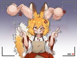 senko_(sewayaki_kitsune_no_senko-san) sewayaki_kitsune_no_senko-san peace_sign yellow_eyes big_ears fox_ears fox_girl fox_tail tail disembodied_penis recording recording_video blush hair_ornament yellow_hair shoulder_length_hair penis big_penis balls 1girls 2boys crr001 drooling clenched_teeth tears ear_penetration ear_fuck animal_ears brain_fuck mindfuck