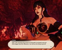 3d armored_female big_breasts big_lips breastplate dark_hair dissappointed_look femdom final_fantasy final_fantasy_xiv gaia_(ffxiv) gpose_(ffxiv) iriserretxiv pale-skinned_female pale-skinned_male penis_humiliation precum touching_penis