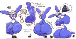 anthro balls belly big_balls big_penis blue_body blue_eyes blue_fur butt butt_jiggle churning_balls clothing english_text eyes_closed fertility_analysis floating_feet floating_hands foreskin fur genitals gesture glans glistening glistening_balls glistening_butt glistening_genitalia glistening_penis glistening_thighs greeting_viewer gurgle_(sound_effect) hand_on_butt hand_on_own_butt hat headgear headwear heavy_balls huge_balls huge_penis huge_thighs jiggling lagomorph leporid looking_at_viewer looking_back looking_back_at_viewer lying male mammal penis presenting presenting_hindquarters presenting_penis rabbit senordraws skindentation smile sperm_cell standing stretching text thick_thighs thought_bubble waving waving_at_viewer white_belly wobble