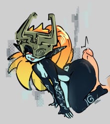armor big_butt black_body blue_body blue_markings bodily_fluids breasts butt clamlynn disembodied_penis eyelashes feet female genital_fluids genitals grey_background hair headgear helmet hi_res hot_dogging humanoid imp long_hair looking_at_viewer male male/female markings midna narrowed_eyes nintendo one_eye_obstructed orange_hair penis ponytail precum red_eyes sex side_view simple_background small_breasts solo the_legend_of_zelda thick_thighs tongue tongue_out twili twilight_princess wide_hips yellow_sclera