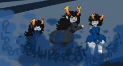 sunniefunnie brappycatty homestuck homestuck_troll 3girls troll_(homestuck) vriska_serket aranea_serket marquise_spinneret_mindfang grey_skin gray_skin black_hair horns orange_horns alternate_version_at_source glasses blush blushing blue_blush biting_lip biting_own_lip sharp_teeth ass_ripple ass_ripples rippling_ass bent_over bending_over bending_forward from_behind back_view jeans tight_clothing tight_dress panties kneehighs kneehigh_socks ass ass_focus ass_bigger_than_head female_only trio big_ass large_ass butt butt_focus butt_bigger_than_head big_butt large_butt butt_ripples butt_ripple rippling_butt fart fart_fetish fart_cloud farting farts farting_together relatives onomatopoeia blue_fart blue_fart_cloud