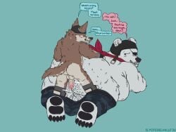 4:3 anthro armor backsack balls bandage bandage_on_face bandage_on_nose beanie bear belly belt big_belly big_butt bodily_fluids body_hair bottomwear bottomwear_down brown_body brown_eyes brown_fur butt butt_hair camo camo_bottomwear camo_clothing camo_pants camo_print canid canine canis claws climbing_on clothed clothing duo english_text epic_games eye_patch eyewear feet fingerless_gloves fortnite fur furgonomic_hat furgonomic_headwear furgonomics genital_fluids genitals gloves grinding hairy half-erect handwear hat headgear headwear helmet hi_res hindpaw hot_dogging humanoid_genitalia humanoid_penis imminent_anal imminent_sex kerchief larger_sub leaking_precum male male/male male_anthro mammal mattinqq musclegut muscular muscular_anthro muscular_male neckerchief neckwear nervous nervous_smile nude onomatopoeia overweight overweight_bottom overweight_male pants pants_down partially_clothed pattern_bottomwear pattern_clothing pattern_pants pawpads paws penis piercing pointy_ears polar_bear polar_patroller precum rear_view seductive sex shirtless size_difference small_top_big_bottom sound_effects speech_bubble submissive submissive_male sweat tail text topless topless_anthro topless_male ursine wendell_(fortnite) wolf yellow_eyes