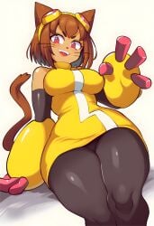 big_breasts breasts busty cat_ears cat_tail catgirl gameoverse goggles goggles_on_head kit_(gameoverse) kit_bodega large_breasts looking_at_viewer pantyhose sleeveless sleeveless_dress smile thick_thighs thin_waist underboob whiskers wide_hips