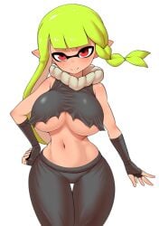 nobunagapero peronattu inkling_girl inkling looking_at_viewer pointy_ears green_hair red_eyes splatoon splatoon_(series) agent_3_(splatoon_3) big_breasts big_boobs white_background