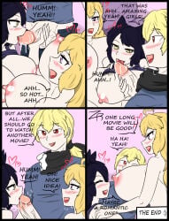 1boy 2girls big_breasts black_hair black_hair_female blake_belladonna blonde_female blonde_hair breasts cat_ears faunus licking_penis long_hair long_hair_female original_character purple_eyes red_eyes rwby yang_xiao_long yellow_eyes zronku